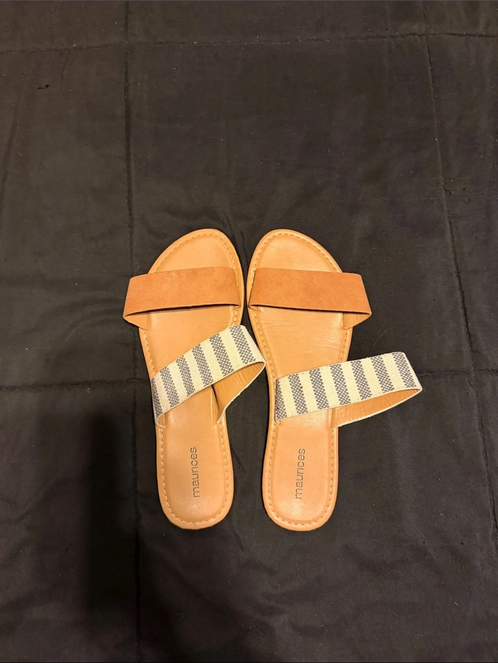 Maurices Tan Slide Sandals with Navy-and-White Striped Strap
